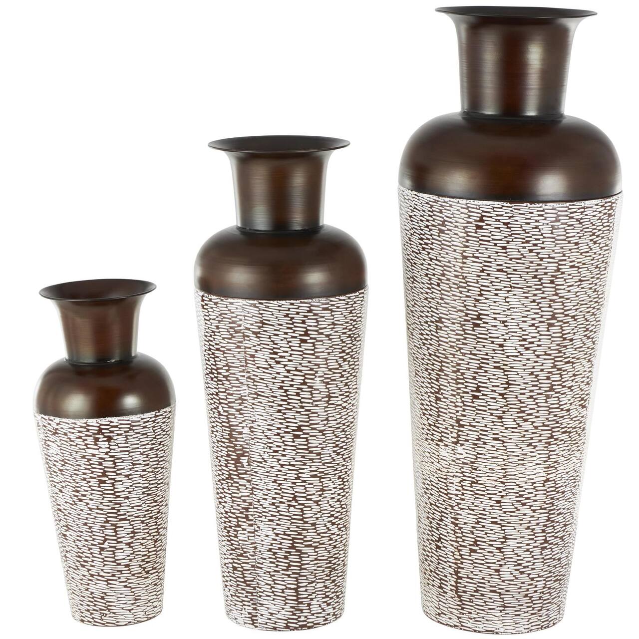 White & Brown Spotted Tapered Floor Metal Vase Set